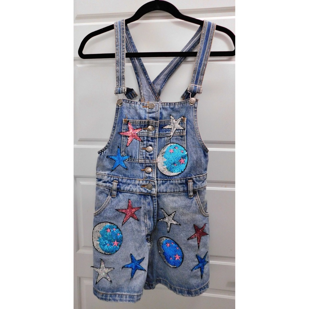 TAIGWAH Sequin Patch Blue Denim Shortall Overalls Women's size 8